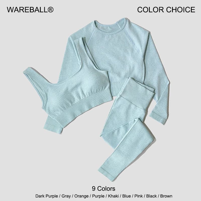 WAREBALL Ensemble de Vêtements de Yoga, Legging, Brassière et Haut à Manches longues, Sans Couture,