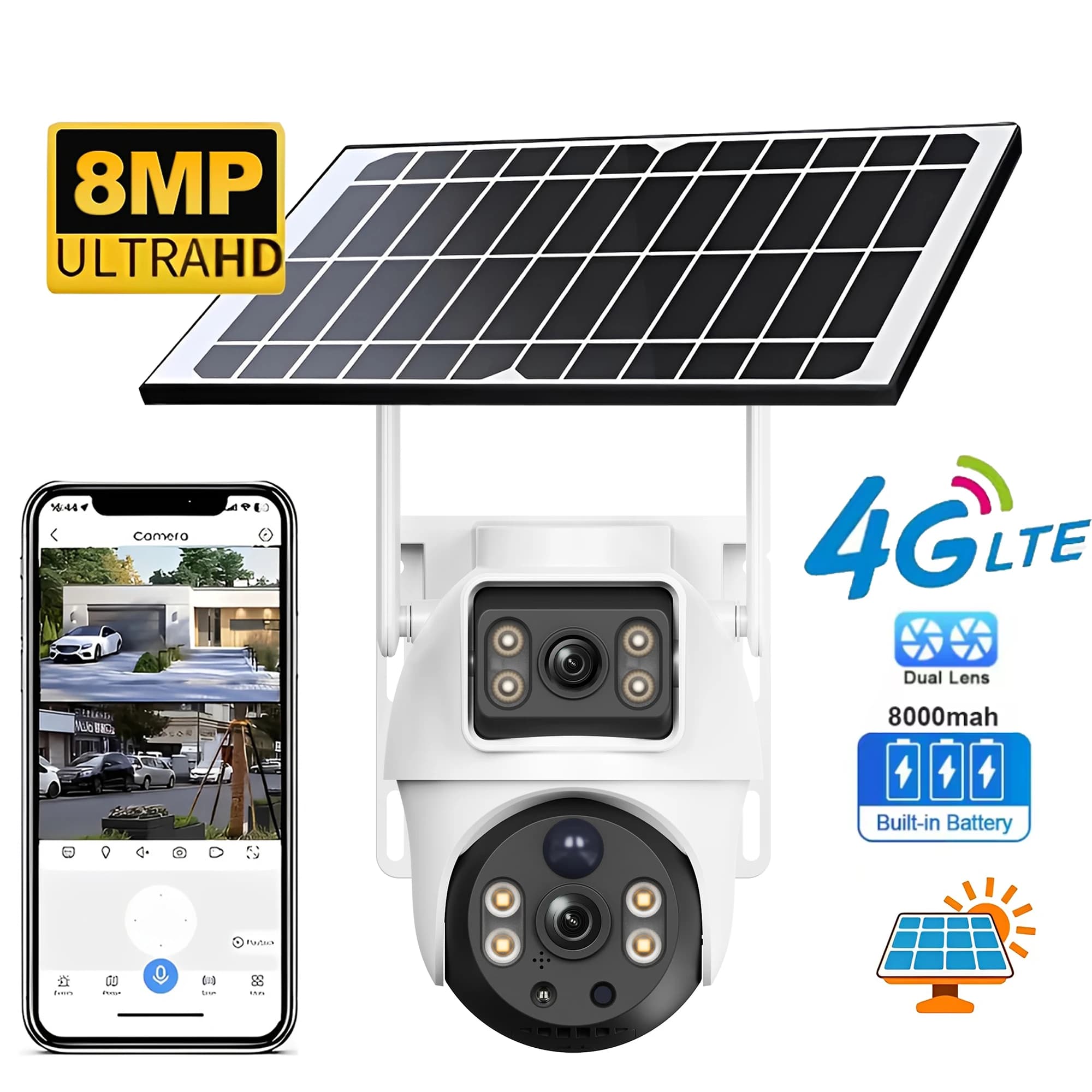 Caméra solaire 4G avec carte Sim 8MP 4K, double objectif, moniteur à double vue, Vision nocturne, Pr