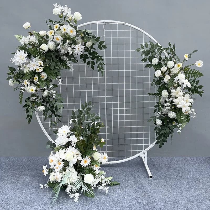 Décor d'étagère d'arc rond de grille blanche, fleur artificielle, NucleoWedding, toile de fond, mur,
