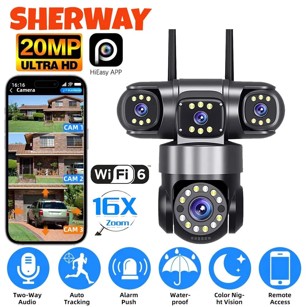 Caméra de sécurité WiFi 10K 20MP pour l'extérieur, zoom 16X, objectif 4, écran 360 ° Caméra PTZ IR