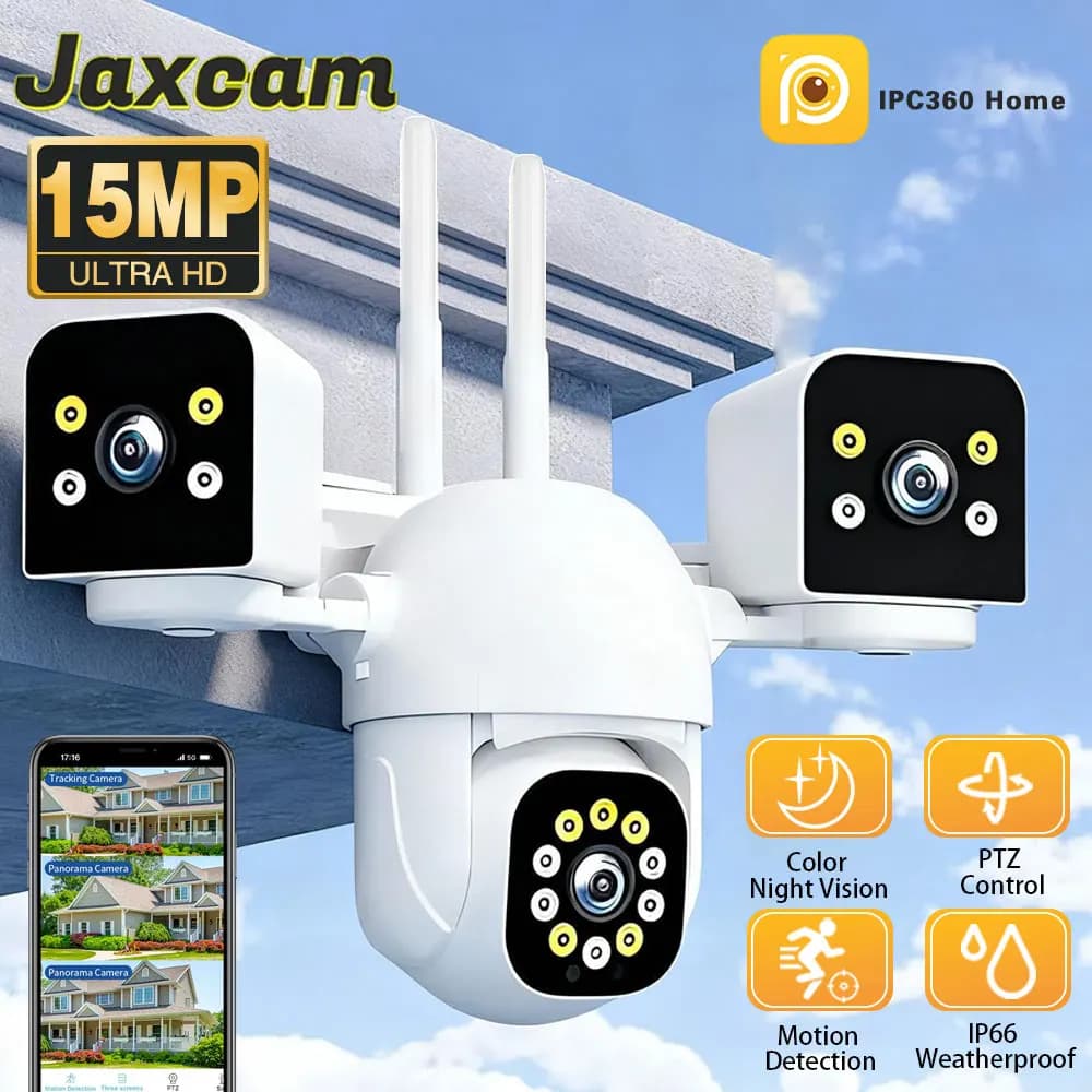  Caméra IP WiFi extérieure 15MP HD à triple objectif et triple écran, moniteur vidéo de sécurité av