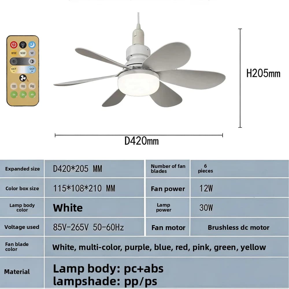 Ventilateur de plafond LED 30W/40W avec douille E27 et télécommande à intensité variable pour salons