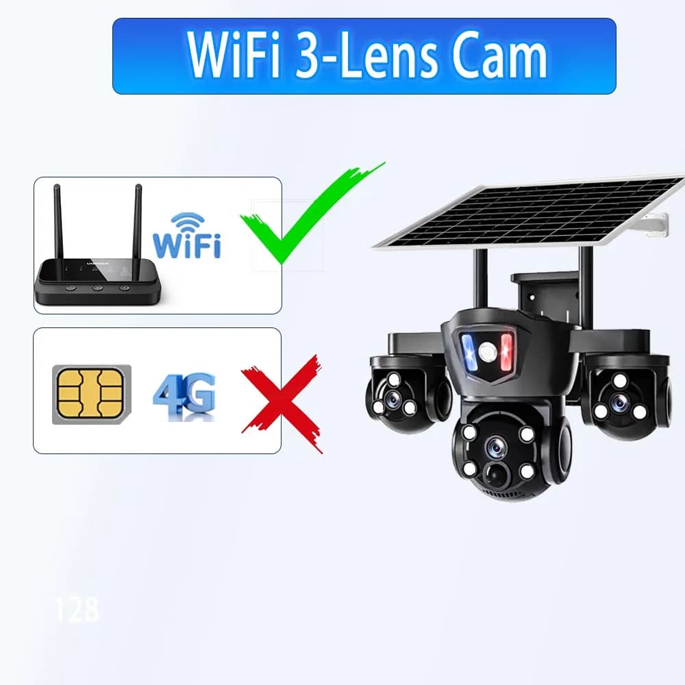Caméra solaire 4G avec carte SIM, surveillance extérieure, 3 objectifs, 3 écrans, détection humaine