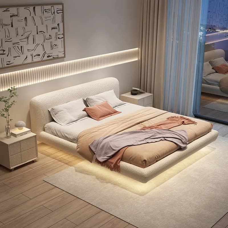 Table de chevet tendance, lit double avec tête de lit entièrement en bois, lits doubles pour adultes