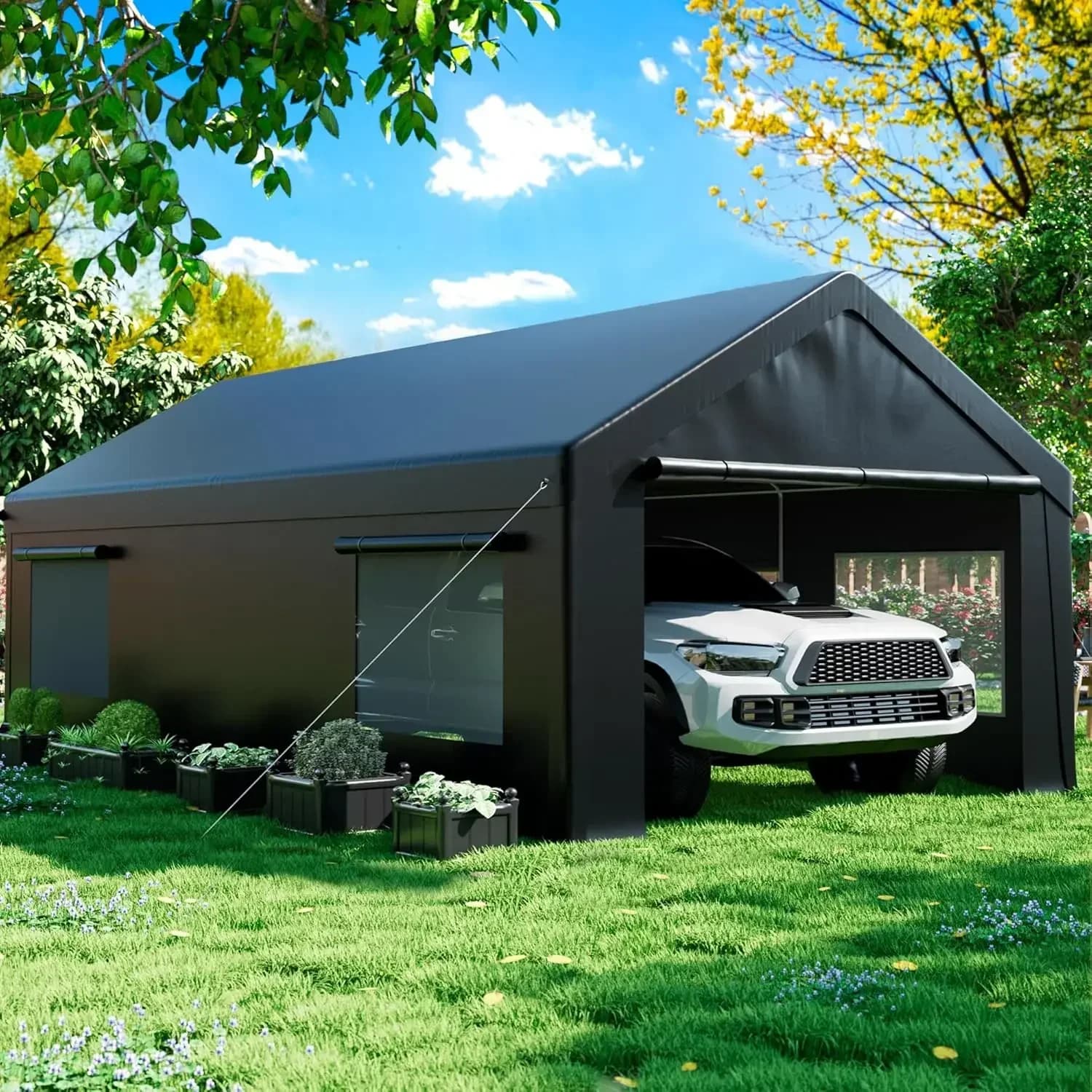Pour garage portable robuste de 12' x 20', auvent de transport avec porte à ouverture latérale et fe