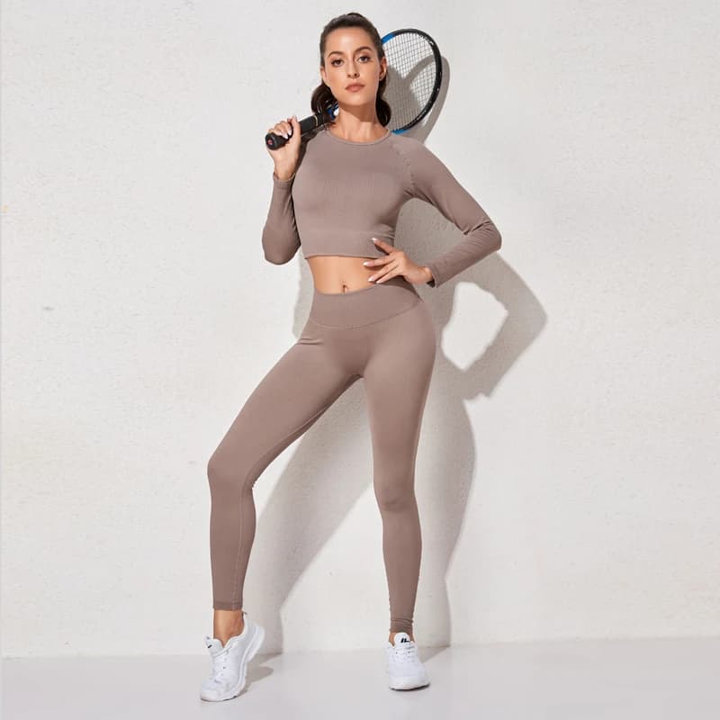 WAREBALL Ensemble de Vêtements de Yoga, Legging, Brassière et Haut à Manches longues, Sans Couture,