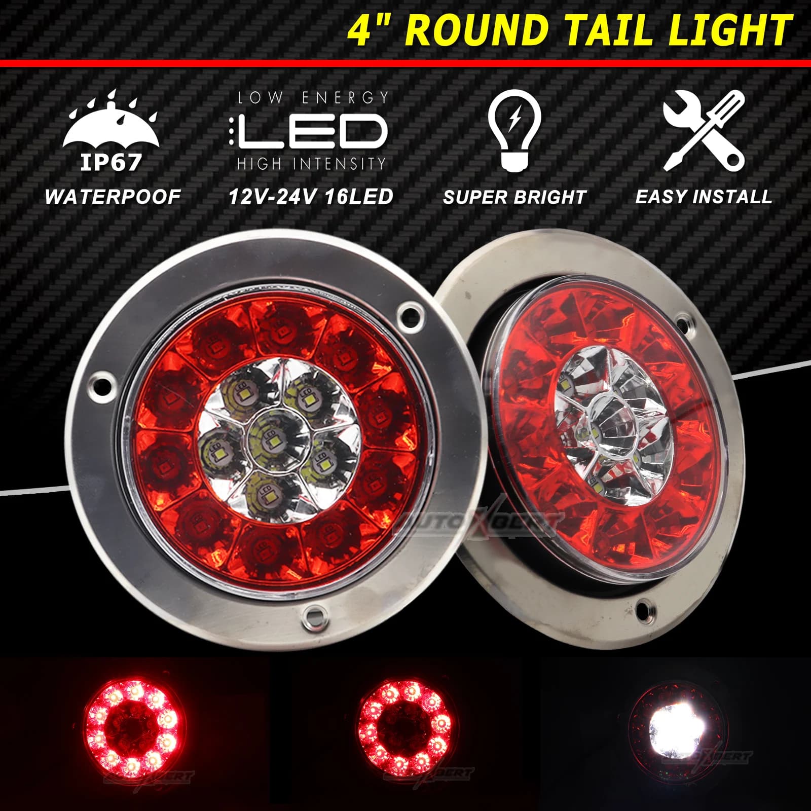 Paire de feux arrière ronds LED rouges 12-24V, feu arrière d'avertissement de freinage inversé pour