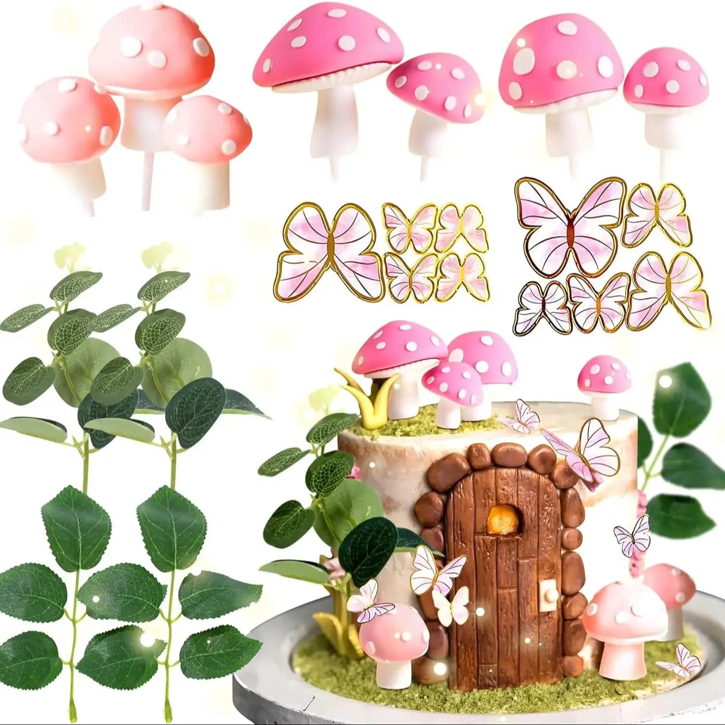 Décoration de gâteau de maison de champignon rose, fournitures de fête de champignons et de fées pou