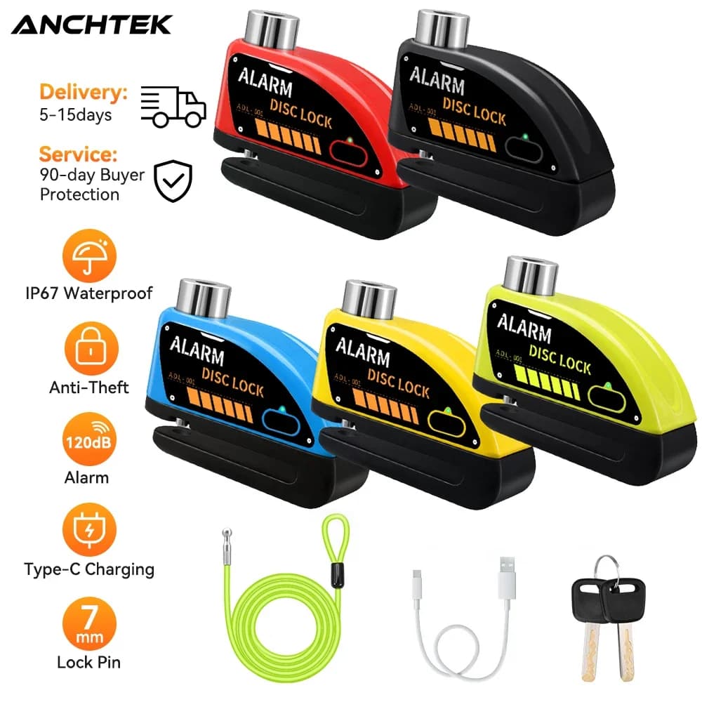 Anchtek-Cadenas de frein à disque d'alarme de moto, sécurité de roue de moto, étanche, 110dB, fort,