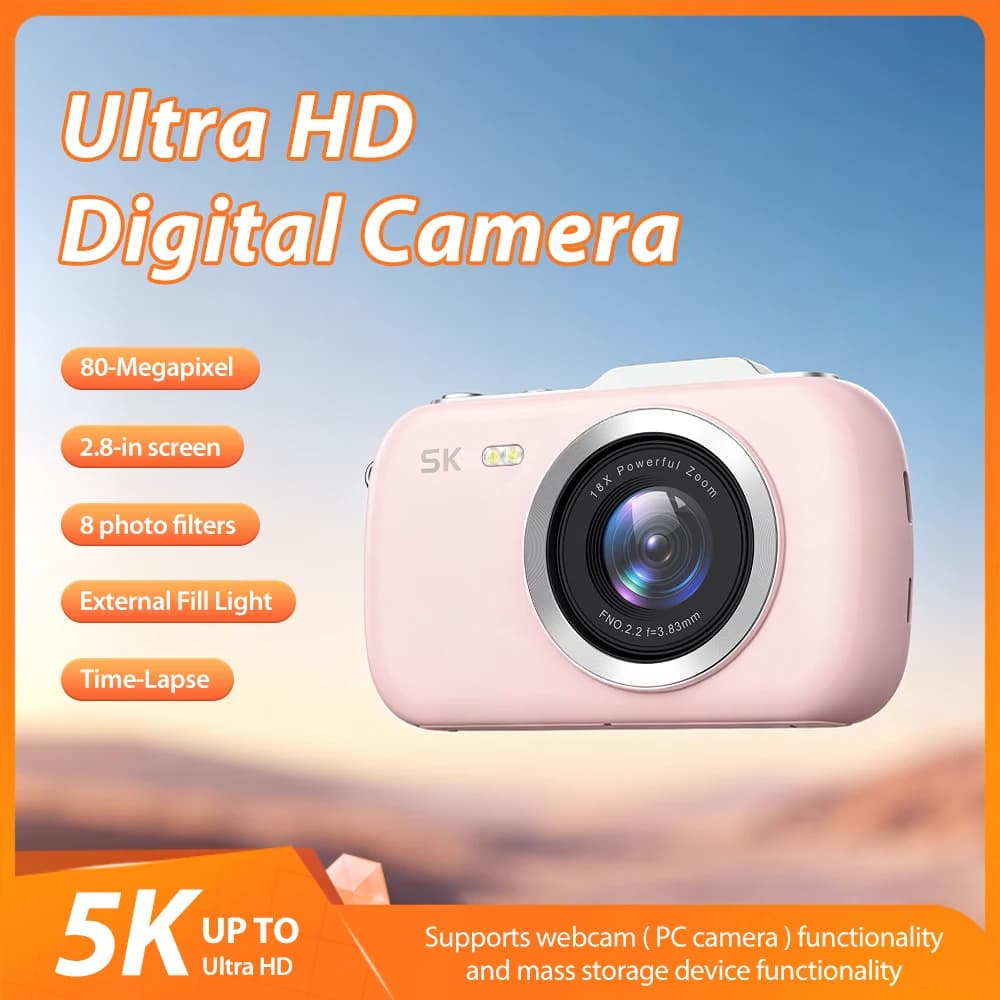 Caméscope UHD 5K avec photos 80MP, écran 2,8 pouces, zoom numérique 18X, 8 filtres, flash et lumière