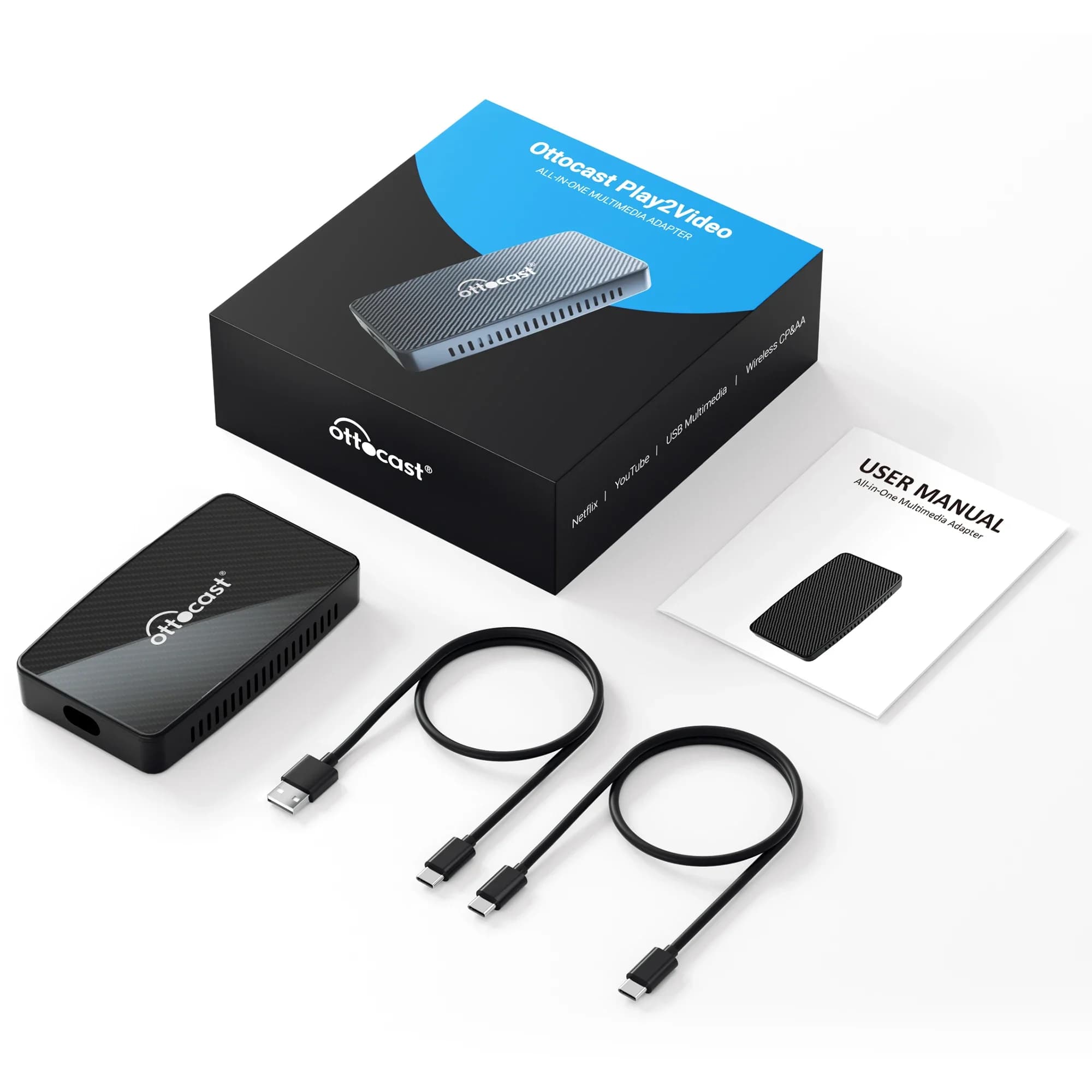 OTTOCAST-Adaptateur CarPlay Android sans fil, Play2Video, Auto, Youtube, Netflix, Lecteur vidéo, TV