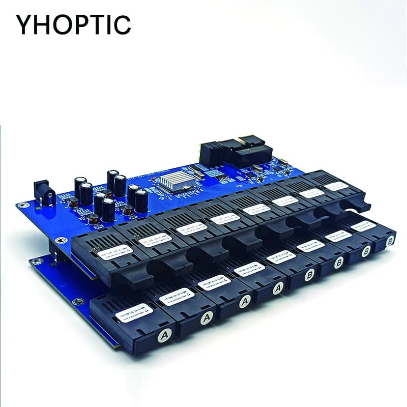 Convertisseur de fibre optique monomode, carte PCBA, 8 ports de fibre optique, 2 ports RJ45, 0-20KM,