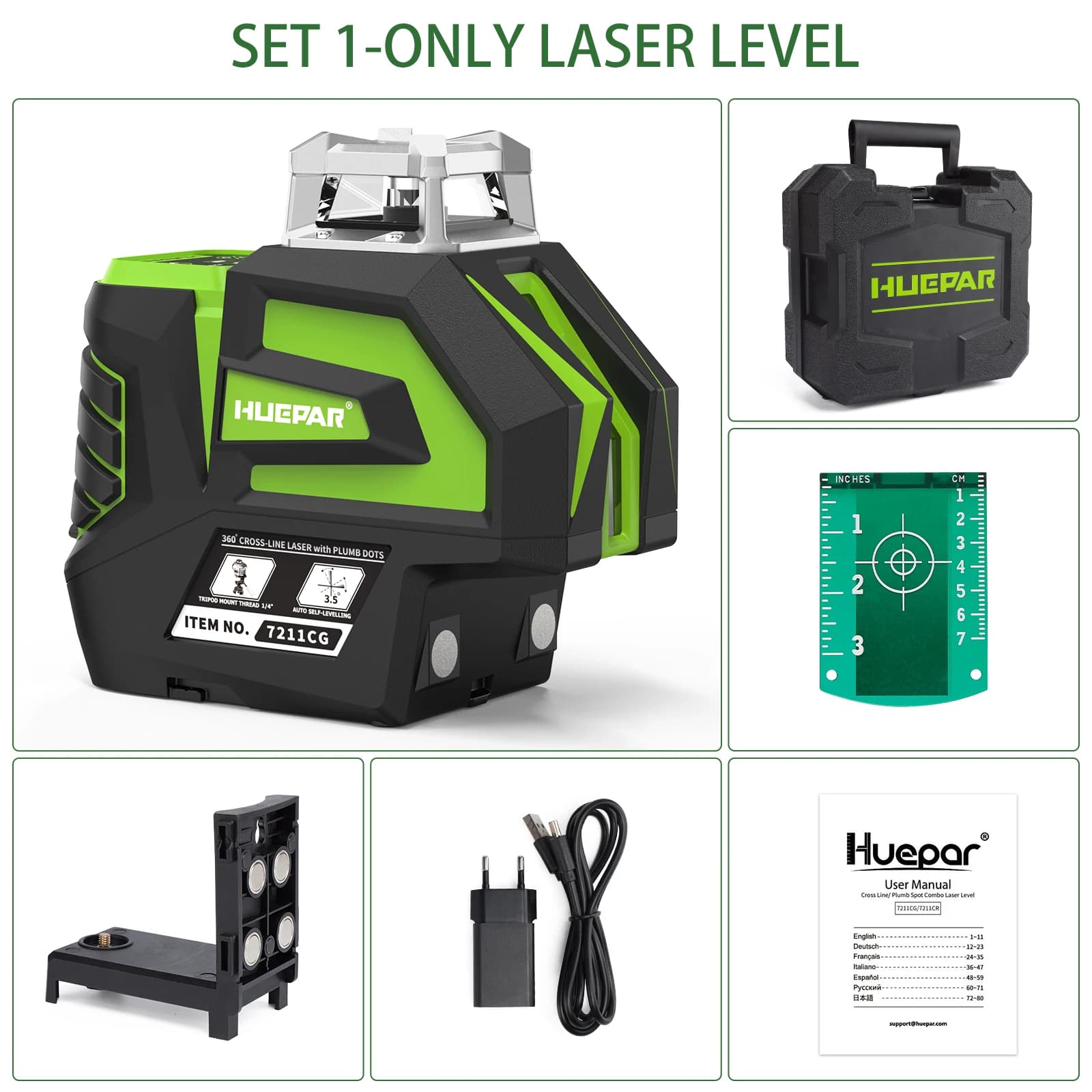 Huepar 360 ° Niveau Laser faisceau vert auto-nivelant multi-lignes outil de niveau Laser avec point
