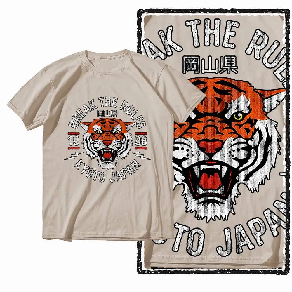 G41 Beige Vintage 100% coton T-shirt imprimé tigre pour hommes | T-shirt col rond pour hommes, St