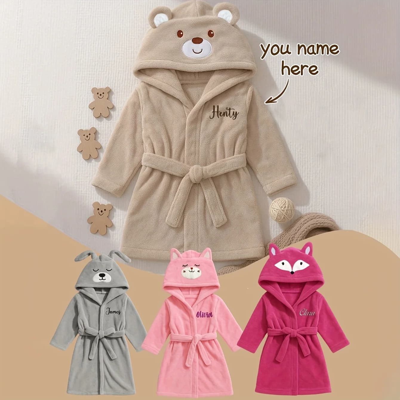 Serviette pour bébé à capuche avec ours brodé avec nom personnalisé | Peluche douce 74-84cm pour 1