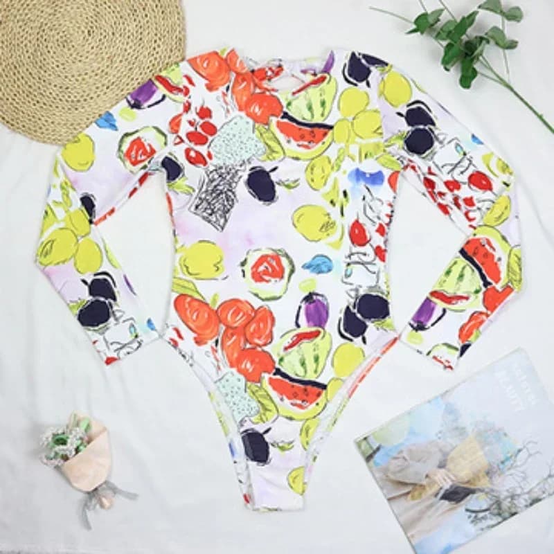 Maillot de bain une pièce sexy 2026 pour femme, manches longues, dos nu, imprimé légumes et fruits,