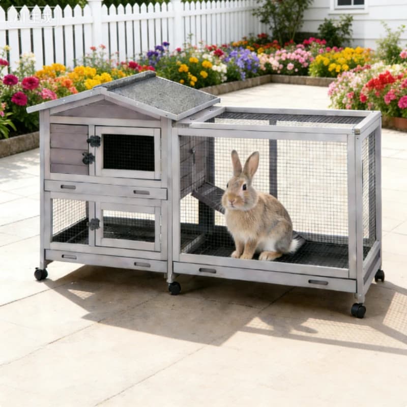 Cage à lapins en bois pour intérieur et extérieur, cage à lapins mobile à 2 niveaux sur roulettes av
