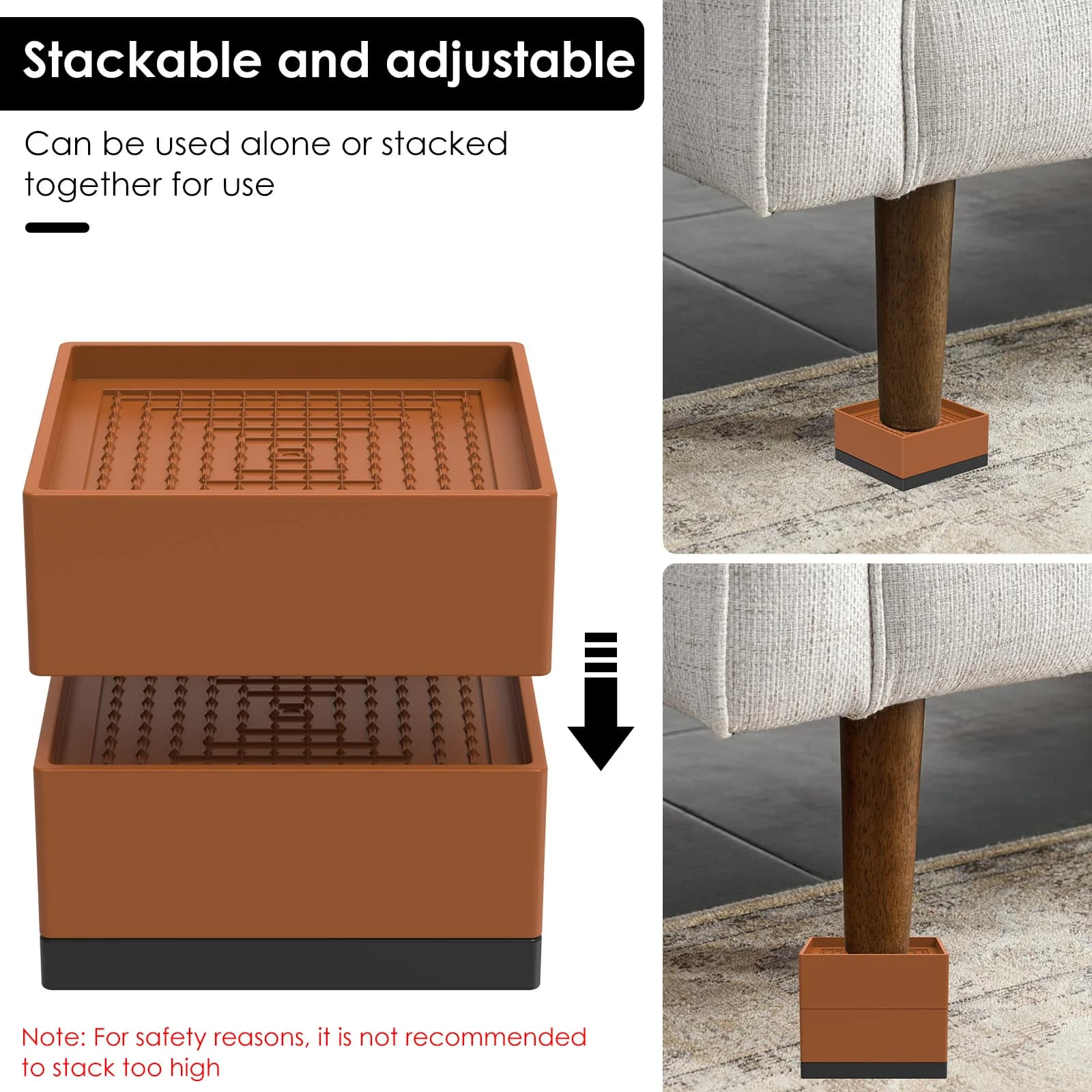 Rehausseurs de lit antidérapants, 4 pièces, pieds de meubles empilables, côté L/côté complet, tapis