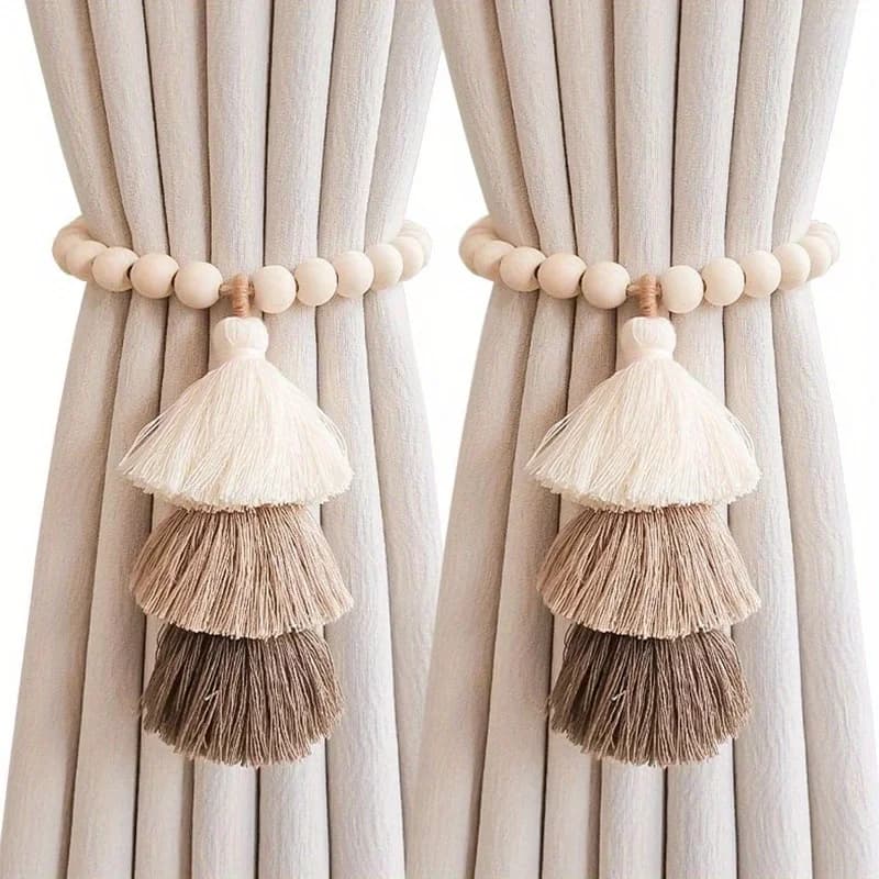 Attaches de rideaux de ferme bohème, 2 pièces, attaches de rideaux en perles de bois faites à la mai