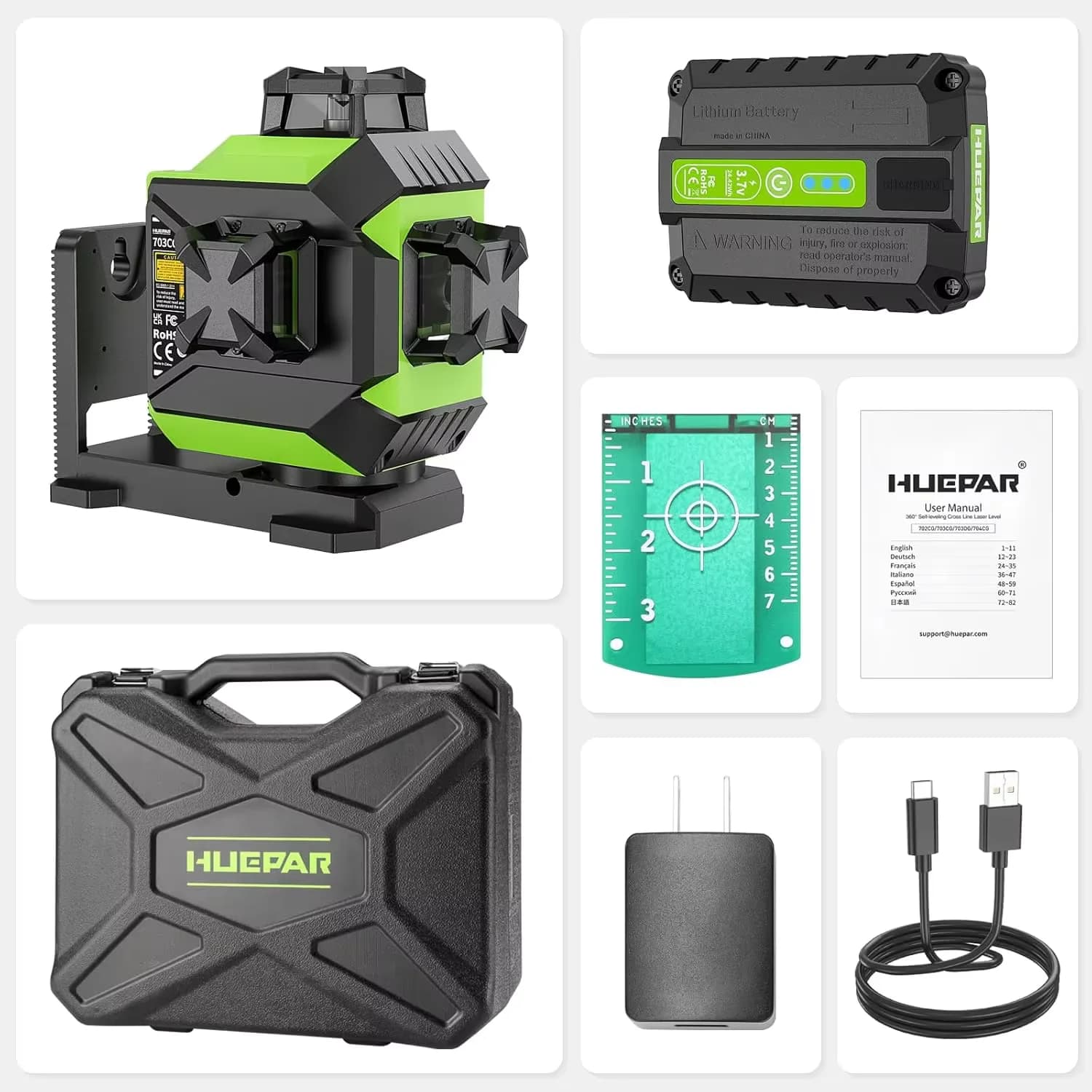 Huepar 703CG 12 lignes niveau Laser 3D auto-nivelant ligne croisée niveau vert ajuster outil Laser d