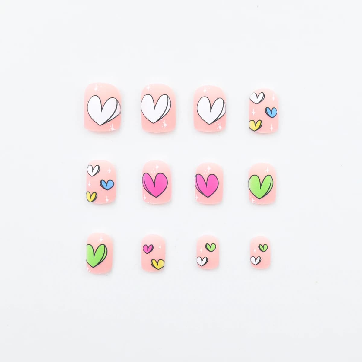 24 pièces faux ongles carrés courts mats, conception de coeur coloré couverture complète presse sur