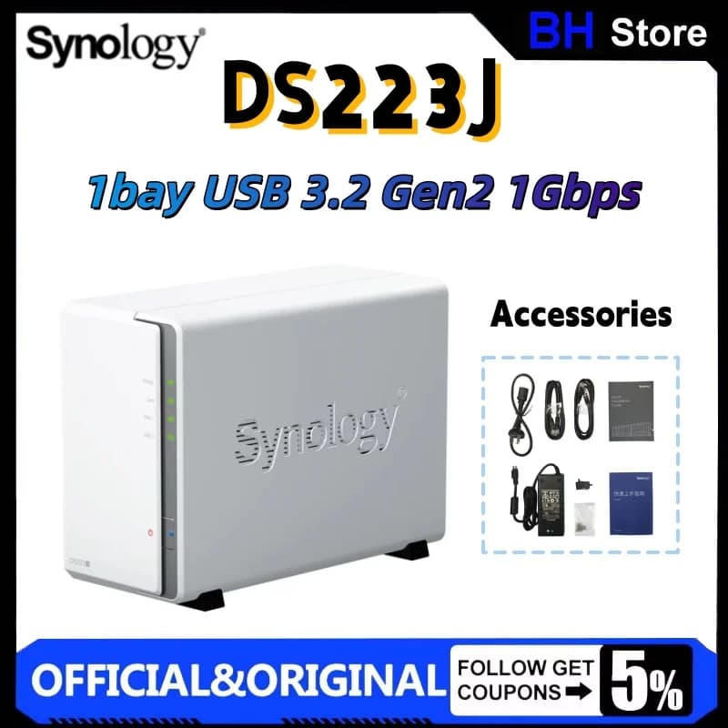 Serveur de stockage en nuage NAS Synology DS223j à 2 baies, DiskStation, SATA 6 Gb/s, RAID, 1xGbE, m