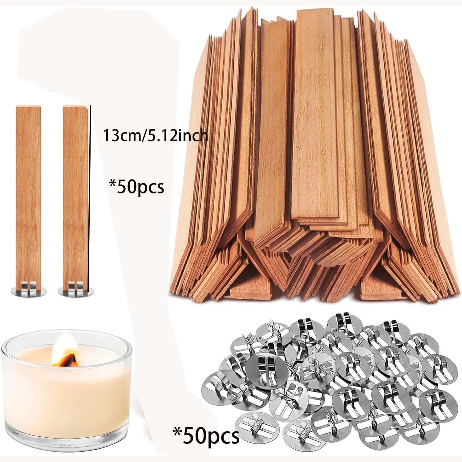 Lot de 50 mèches en bois pour bougies, kit de fabrication de bougies DIY, mèches sans fumée avec bas