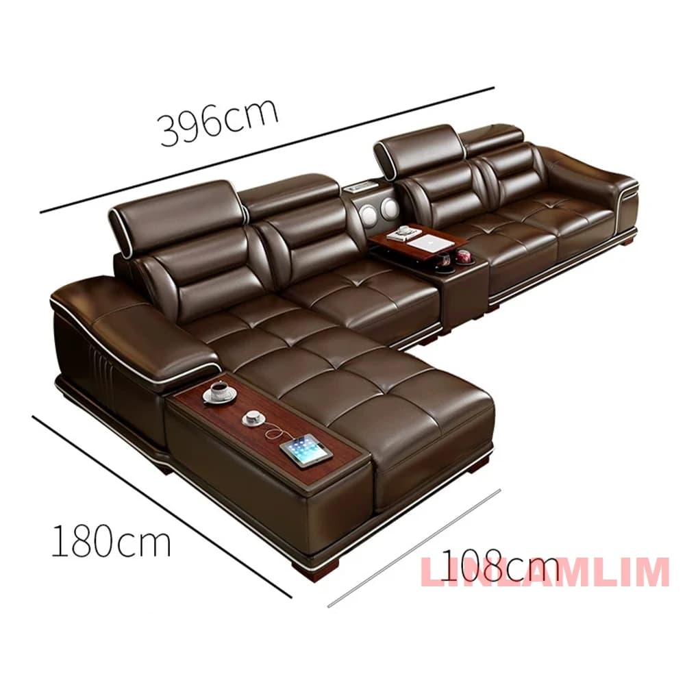 Canapé d'angle moderne en cuir véritable avec USB, haut-parleur Bluetooth, porte-gobelets, chaise lo