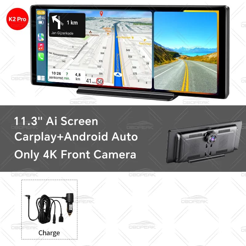 11,3 pouces 4K sans fil CarPlay et Android Auto Dash Cam GPS Navigation tableau de bord double objec