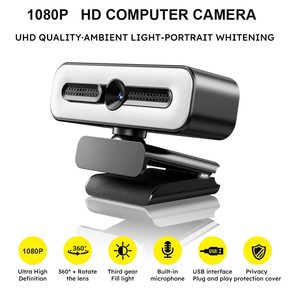 Caméra HD intelligente avec curseur de confidentialité pour microphone, éclairage d'appoint beauté à