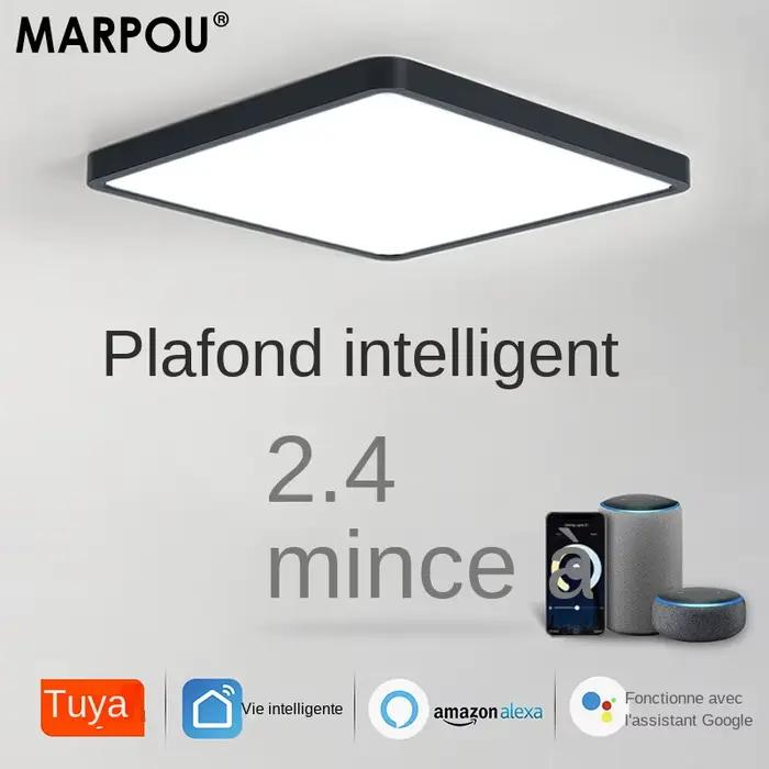 MARPOU Tuya plafonnier LED intelligent Grain de bois App commande vocale Alexa/Google télécommande plafonniers carrés