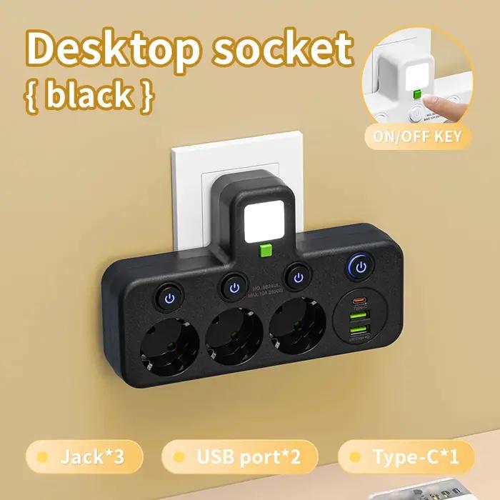 Prise ue multiprise avec 3 ports USB incluant un port Type-C pour bureau à domicile - Compatible UE - Chargeur mural intelligent - Design moderne et résistant