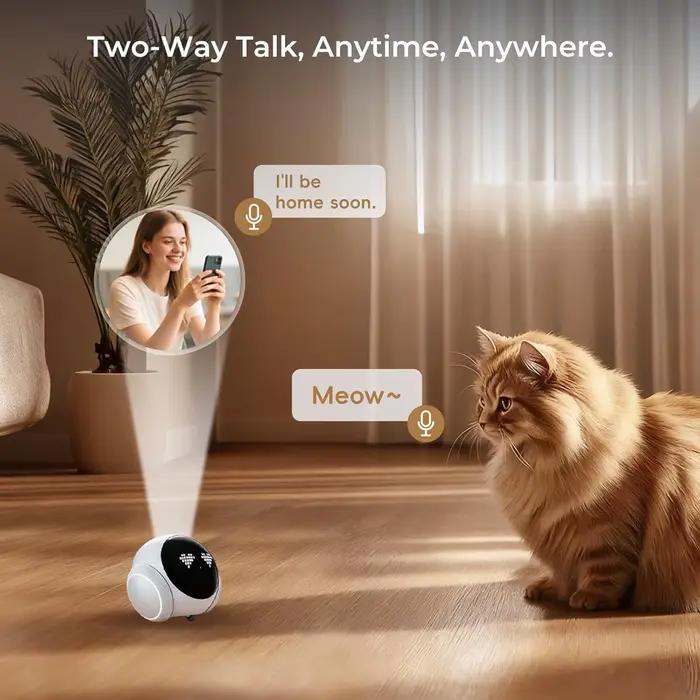 Caméra robot pour animaux de compagnie avec recharge automatique, vision nocturne et contrôle par application mobile pour surveiller chats chiens bébés en intérieur