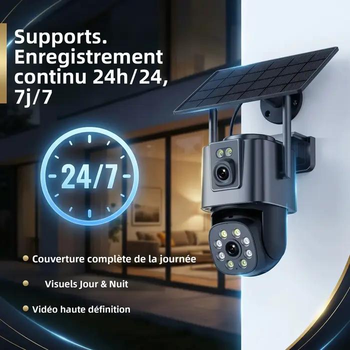 Caméra Solaire 8MP 4K iCsee sans fil pour surveillance extérieure 24/7, application ICSee, technologie infrarouge, angle de vue 85°, connectivité 2,4G, installation facile, sécurité maison et entreprise