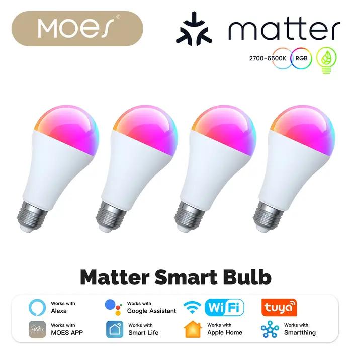 Ampoule LED Intelligente MOES Tuya MATTER WIFI Variable 14W RGB C + W E27 Changement de Couleur 2700K-6500K Contrôle Intelligent par Application Fonctionne avec Alexa Google Occasions Spéciales