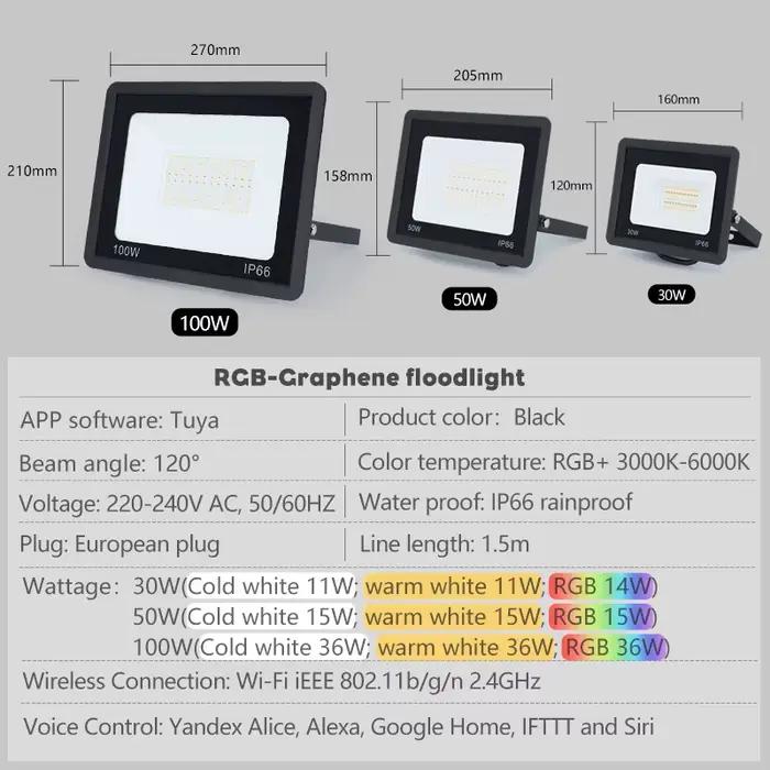TUYA RGB Projecteur Smart APP Contrôle Vocal RGBCW CCT 3000-6500K 30W 50W 100W 220V AC Pour Garden P