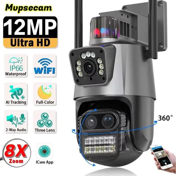 360 sans fil extérieur 6K 12MP WiFi caméra de sécurité ICSee intelligent trois objectifs 8X Zoom vid