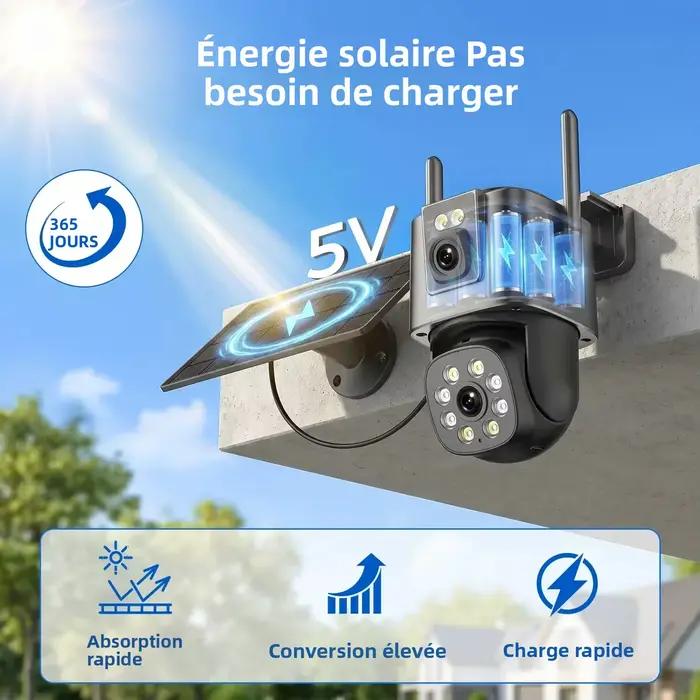 Caméra Solaire 8MP 4K iCsee sans fil pour surveillance extérieure 24/7, application ICSee, technologie infrarouge, angle de vue 85°, connectivité 2,4G, installation facile, sécurité maison et entreprise
