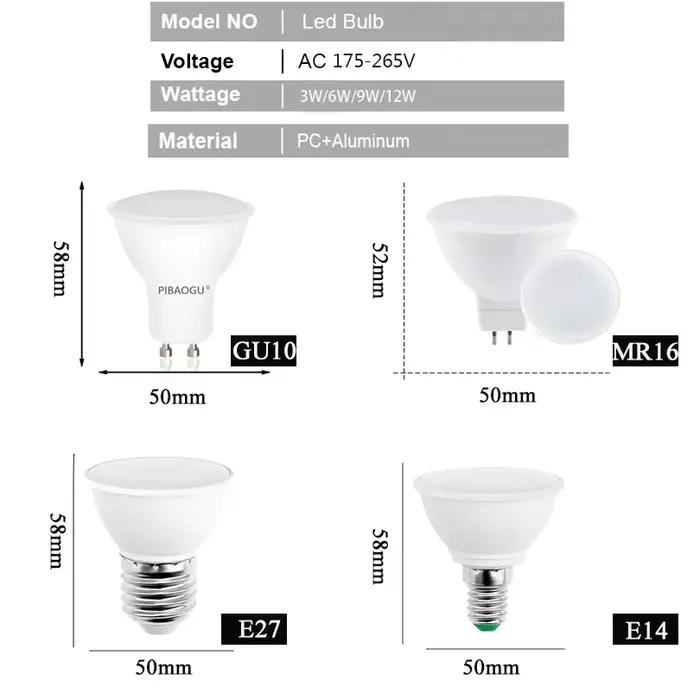 6 pièces LED Spot lumière GU10 E27 LED ampoule 12W E14 lampe à LED 220V projecteur MR16 9W Lampada G