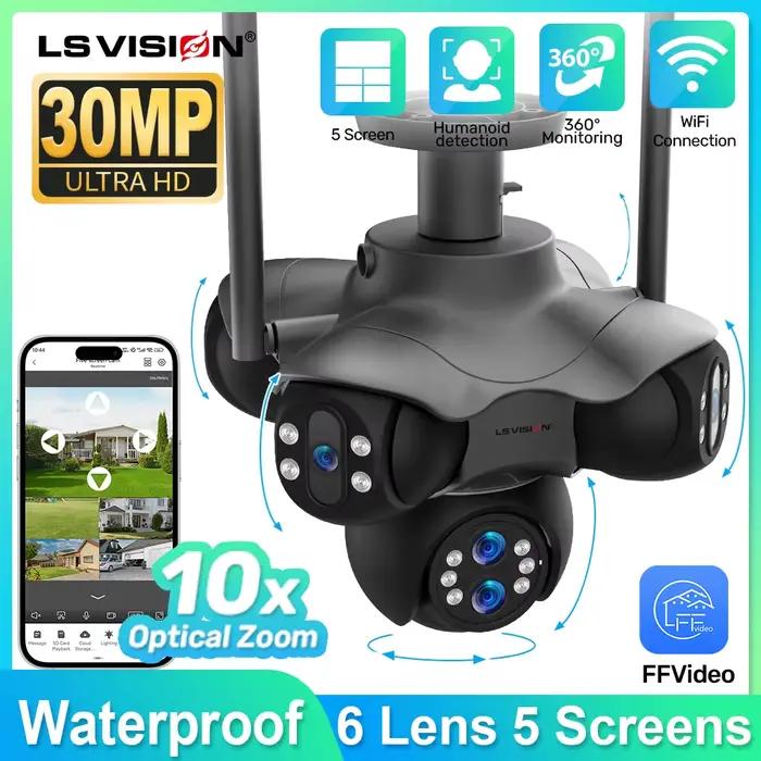 LS VISION Wifi PTZ caméra de sécurité panoramique extérieure 6 objectifs 5 écrans couleur nuit CCTV caméras de Surveillance vidéo sans fil 30MP