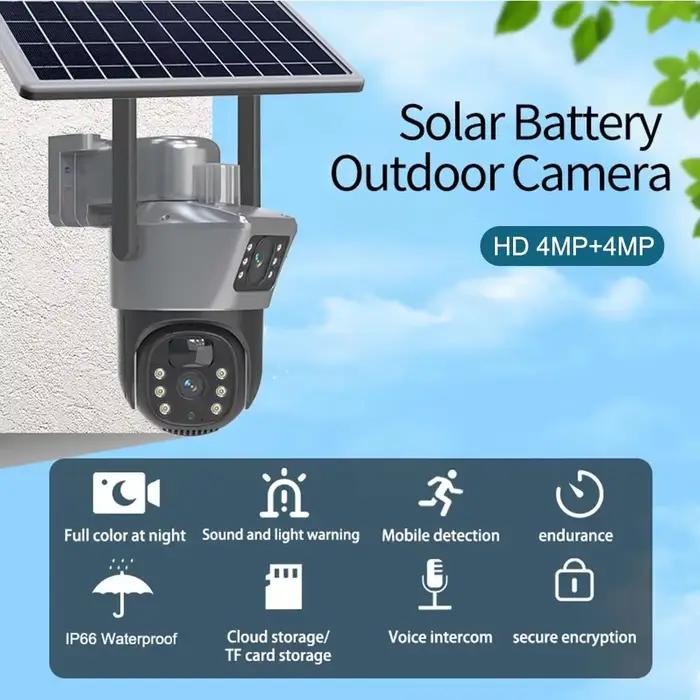 Caméra solaire Eye4U à double objectif 4K 8MP pour sécurité extérieure avec détection humaine et vision nocturne en couleur pour maison et entreprise