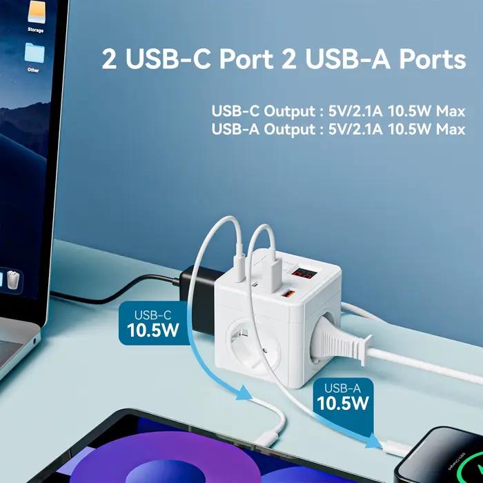 Multiprise UE 7 en 1 Protection Contre Les Surtensions Rallonge De 1 5m 3 Prises CA 3 USB 1 Type C Charge De Bureau Chronometree Occasions Speciales Bureau Salon Chambre Ordinateur