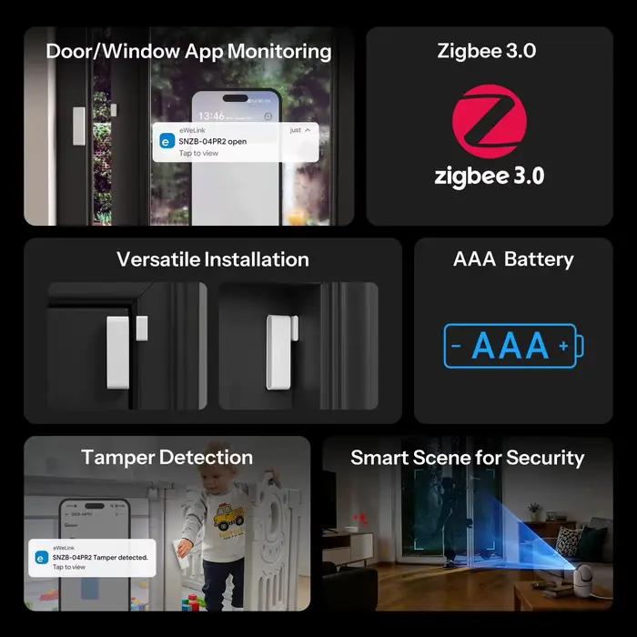 SONOFF SNZB-04PR2 SenseGuard DW Gen2 Capteur de porte/fenêtre Zigbee Sécurité active avec alertes de manipulation Surveillance par application via ZBBridge-P