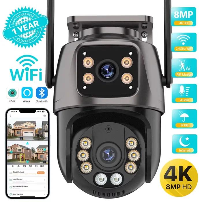 4K 8MP HD Wifi PTZ caméra extérieure 4MP double objectif double écran AI suivi automatique caméra IP