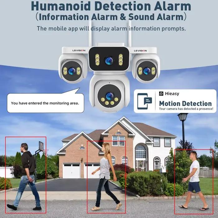 LS VISION Caméra de sécurité intelligente extérieure WiFi à 4 objectifs et 4 écrans avec panoramique/inclinaison 20MP