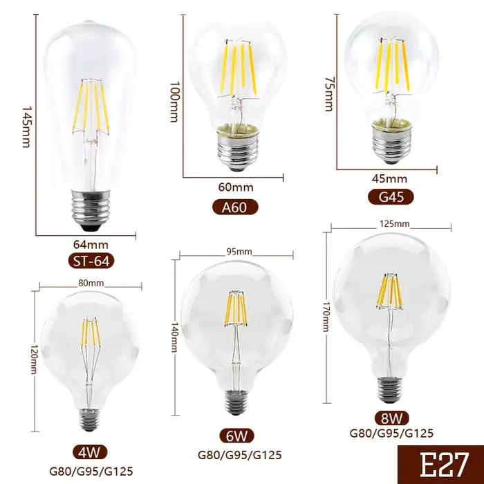 Ampoule LED 220V C35 A60 ST64 G80 G95 G125 lampe à LED E14 E27 lumière à Filament LED 2W 4W 6W 8W boule de verre
