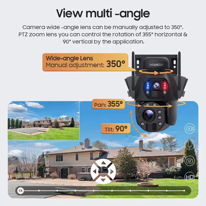 Caméra solaire INQMEGA 6K 12MP avec zoom 60X, double objectif, surveillance nocturne, résistance aux intempéries, boîtier étanche IP66, alimentation solaire, application Ubox, surveillance extérieure 24h/24