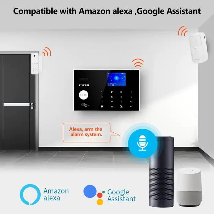 Système d'alarme FUERS avec sirène, détecteur de mouvement et capteur de fumée pour maison et bureau, compatible avec Amazon Alexa et Google Assistant pour sécurité familiale et professionnelle