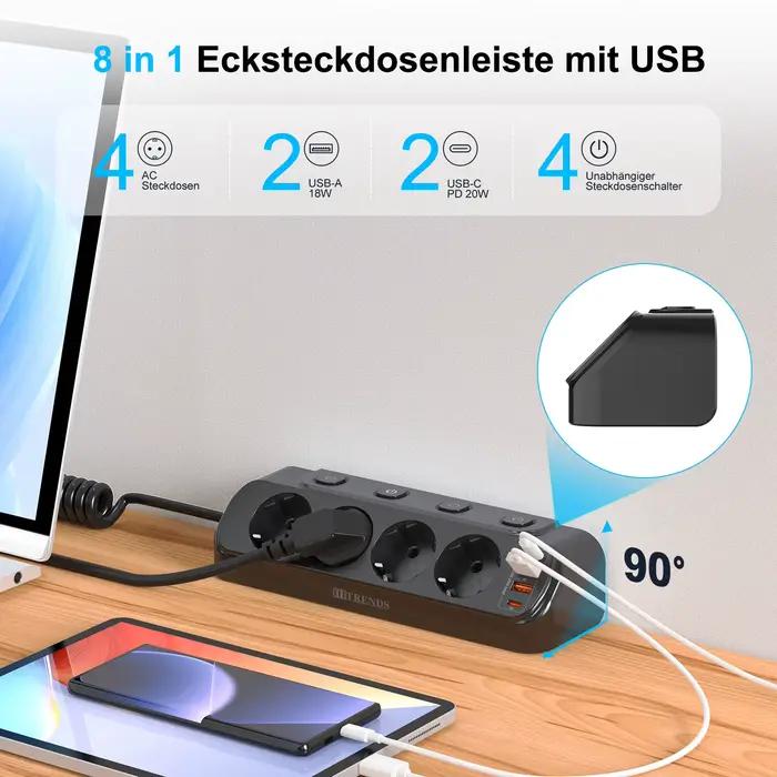 Multiprise HITRENDS EU avec interrupteurs individuels 4 prises AC 4 ports USB-C 20W pour bureau recharge rapide et contrôle d'énergie occasions spéciales
