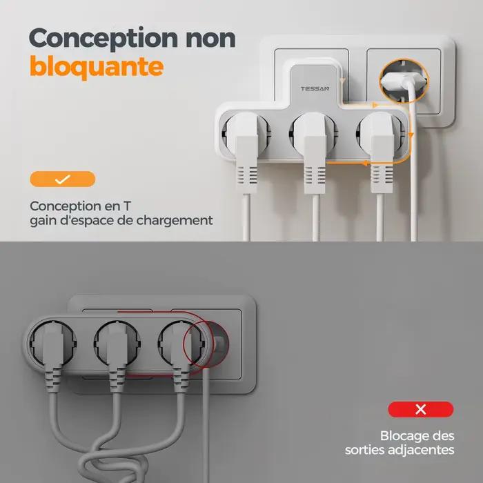 TESSAN prise murale Multiple avec 3 prises ca Ports de charge